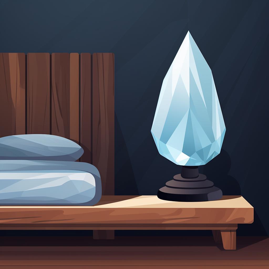 A moonstone crystal placed next to a bed.